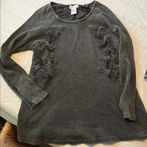 Soft Surroundings Waffle Knit Dark Gray Embroidered Long Sleeve Top Sz Large